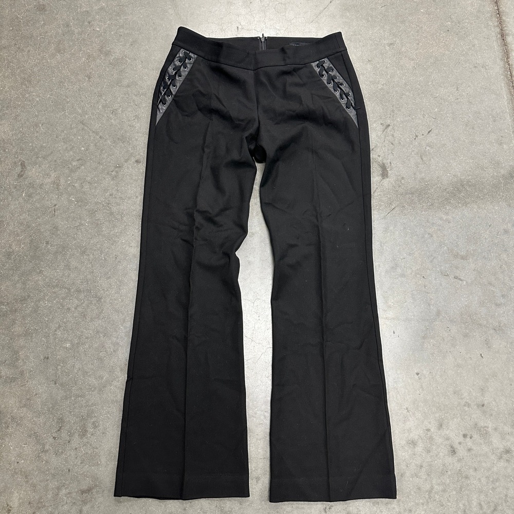 BCBGMaxAzria Womens Black Leather Flare Leg Pants Lace Up Trim Size 6 Low Rise